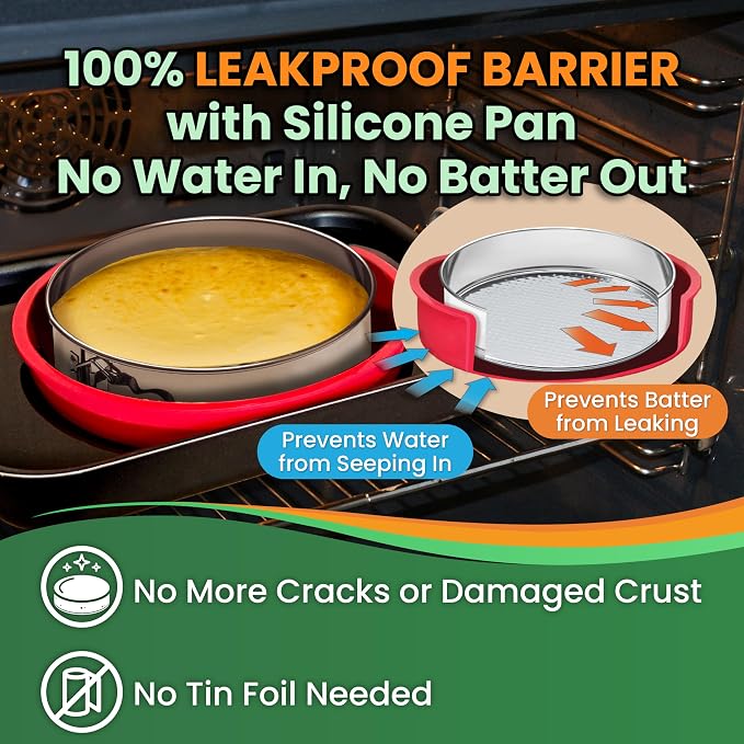 Cheesecake Pan, 9 Inch Springform with 2 REUSABLE NON-STICK Silicone LINERS | with Silicone Sleeve for WATER BATH BAKING, DISHWASHER SAFE Components, 0.4 mm Stainless Steel Pan, Spring-Lock Latch