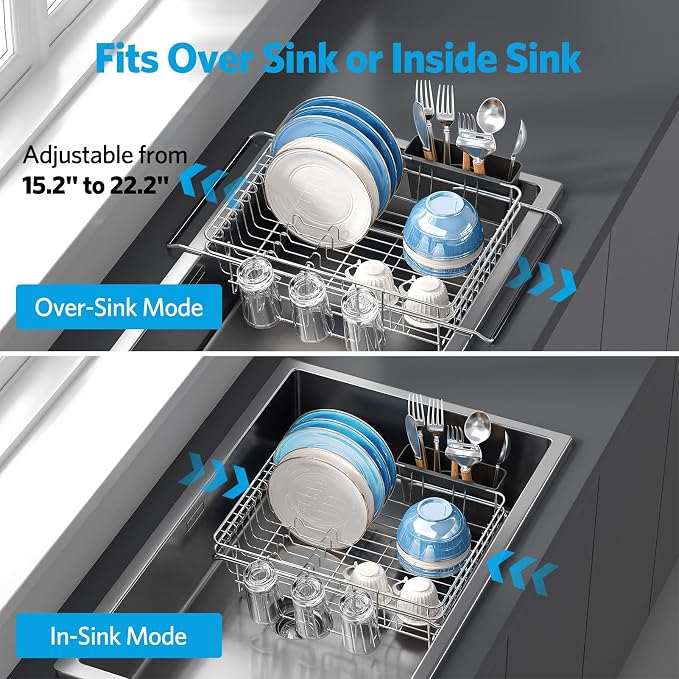 Delamu Over The Sink Dish Drying Rack for Small Kitchen | Expandable Stainless Steel in Sink Dish Drainer, Dish Rack for Kitchen Inside Sink with Utensil Holder, Rustproof, Large