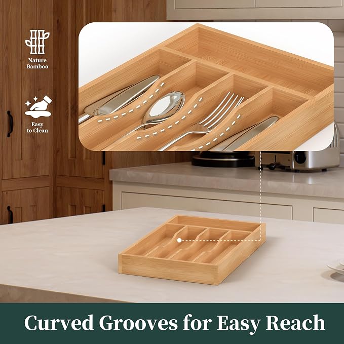 Silverware Organizer, Bamboo Kitchen Drawer Organizer, Utensil Holder, Cutlery Tray & Spoon Flatware Storage with Grooved Drawer Dividers (8.5''W x 13''D)