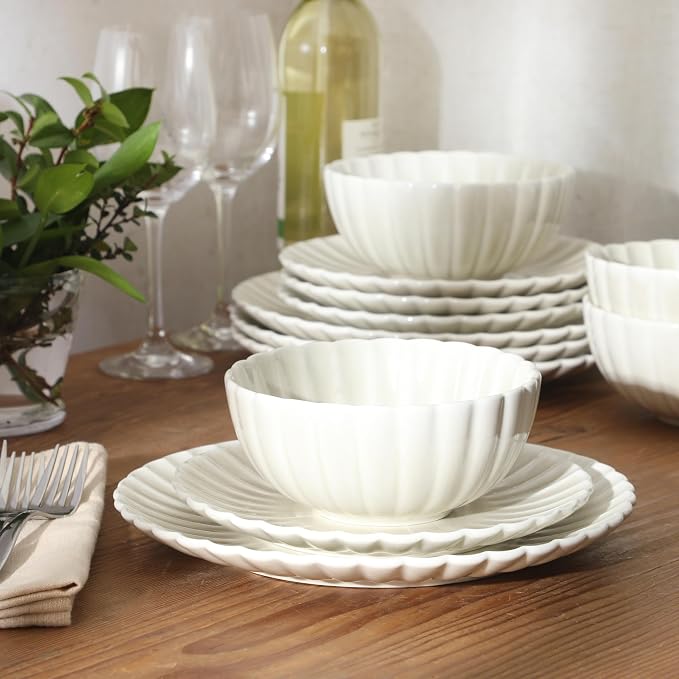 Gibson Elite Peach Orchard 12-Piece New Bone China Dinnerware Set Service for 4, Embossed Fluted Plates and Bowls, Dishwasher and Microwave Safe, Cream White