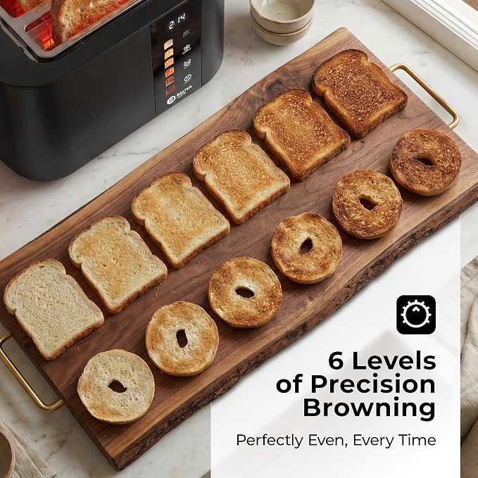Balter Toaster 2 Slice, Bagel Function, Stainless Steel, Touch Screen, Built-in Rack, Extra-Wide 1.5" Slots for Thick Breads & Bagel, Timer, BPA-Free, Removable Tray, Black