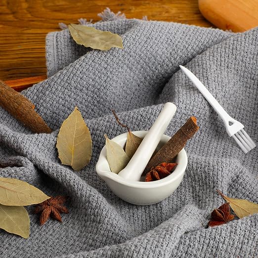 2 Sets Mini Porcelain Mortar and Pestle Set Porcelain Herb Grinder Crusher Grinding Bowl Kitchen Mixing Grinding Bowl with 2 Pieces Brushes for Seasonings, Sesame, Herbs, Medicine(60 mm)