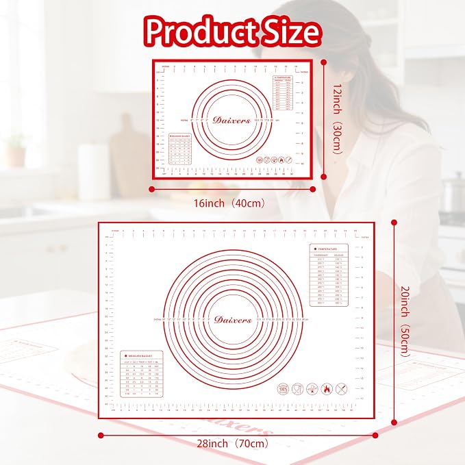 Silicone Baking Mats Set of 2,Extra Large 28" x 20" Small 16" x 12" Non Stick Non Skid Pastry-Mat with Measurements (Red)