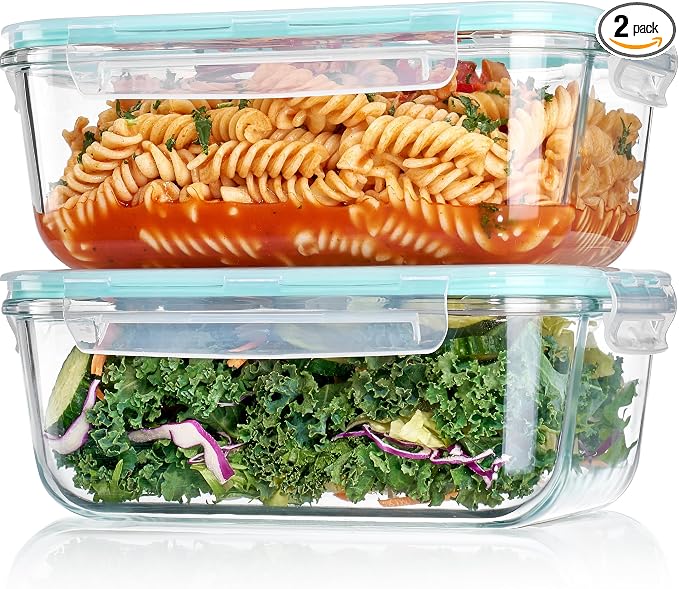 Vtopmart Large Glass Storage Containers, Green, 2Pack, 1860ml/63oz | Meal Prep Food Container Set with Snap Airtight Lid, For Baking, Microwave, Oven, Leak Proof, Freezer, Dishwasher, BPA Free