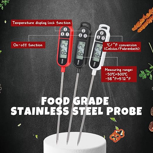 12 Pcs Instant Read Meat Thermometer with Long Probe 9.65 Inch Kitchen Cooking Food Candy Waterproof Digital Thermometer for BBQ Water Milk Yogurt Liquid Cooking (Black,White,Red)