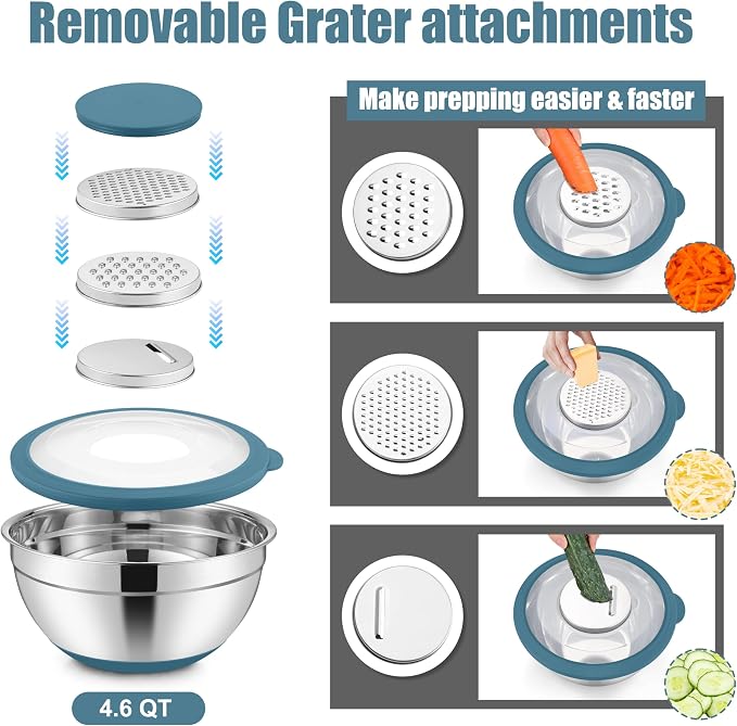 E-far Stainless Steel Mixing Bowls with Lids & Colander, 15PCS | Nesting Mixing Bowl with Non-Slip Bottom & 3 Metal Grater, For Kitchen Prep Baking Storage, 4.6, 3, 1.5, 1, 0.7QT, Blue