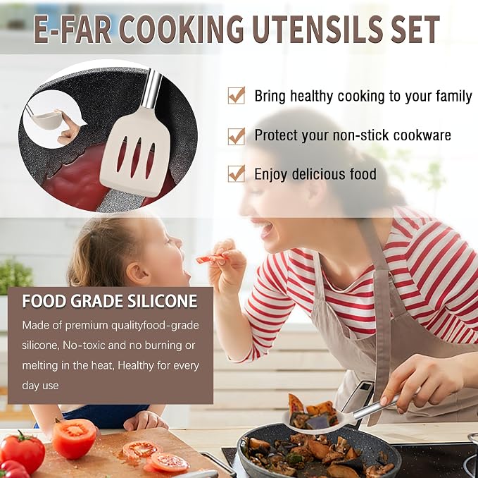 E-far Silicone Cooking Utensils Set, 30-Piece Khaki Kitchen Utensils Set | Heat Resistant Nonstick Cookware, Kitchen Tools Spatulas with Stainless Steel Handle, Spatulas Turner Tong Spoon Whisk Ladle