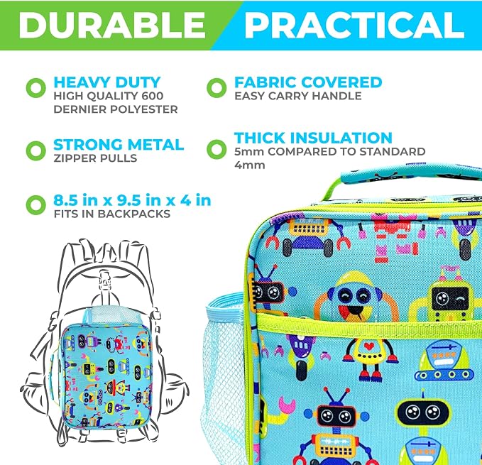 kinsho kids Bento Lunch Box Set with Thermo, Bag & Ice Pack, Green Robot | 4 Compartments, Removable Tray, Small Meal Snack Container for Boys Toddlers, Daycare & Pre-School, Steel Food Jar