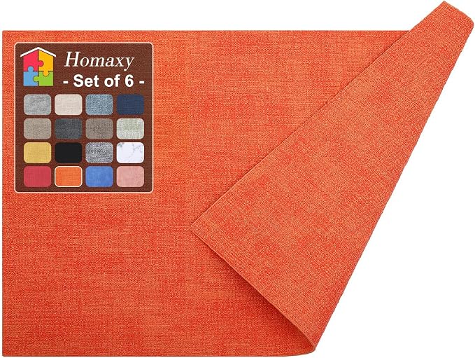 Homaxy PU Faux Leather Placemats for Dining Table, Set of 6, Orange | Waterproof Wipeable Washable Table Mats, Easy to Clean Anti-Slip Place Mats, 11.8" x 17"