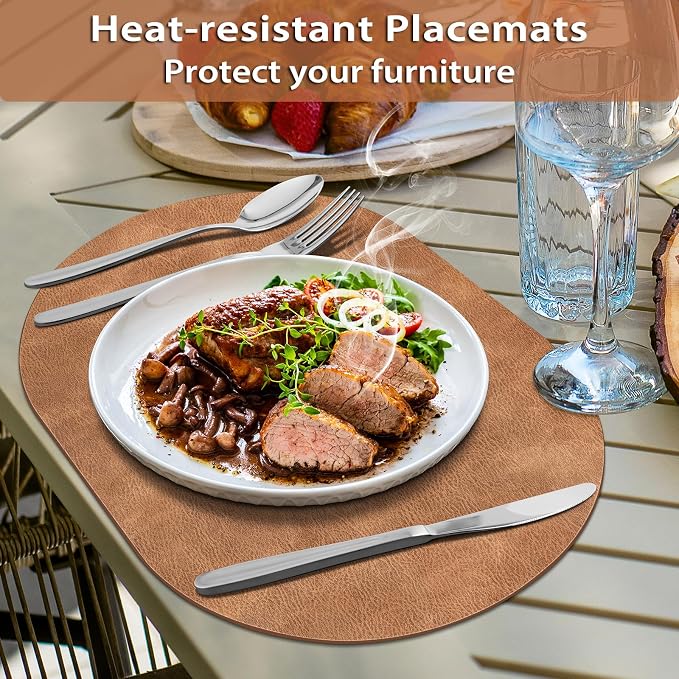 ADRIMER Placemats, Heat Resistant Oval Placemats Set of 12 Washable 12 x 17 Inch, Waterproof Table Mats, Wipeable Pu Place Mats for Kitchen, Dining Room, Sandy Light Brown