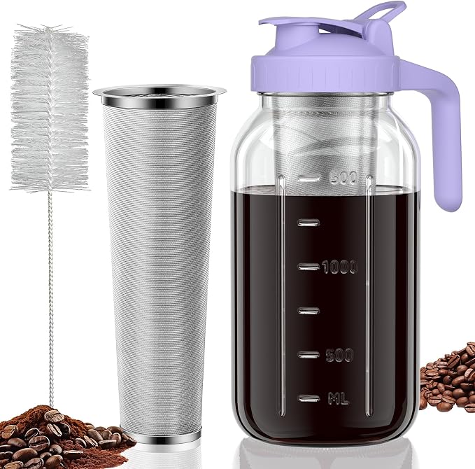 Cold Brew Coffee Maker, 64 oz Glass Mason Jar Pitcher | 100μm stainless steel filter, wide mouth design, leak-proof lid with handle, pour spout for iced coffee, tea and cold drinks