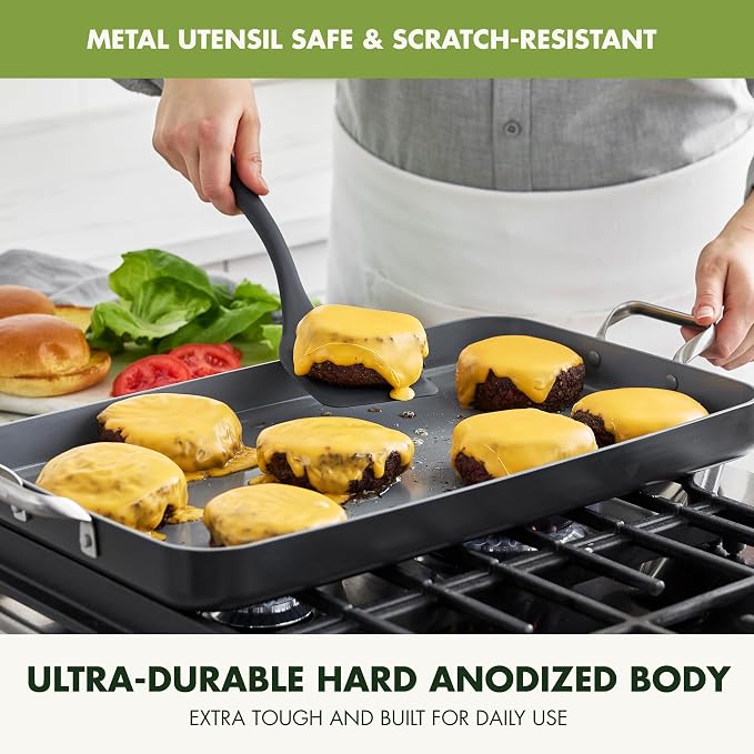 GreenPan Valencia Pro 18" x 11" Ceramic Nonstick Double Burner Griddle Pan | PFAS-Free Nonstick, Induction Ready, Compatible with all Stovetops, Hard Anodized, Gray, Dishwasher Safe, Oven Safe to 600F