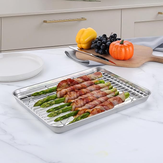 Homikit Quarter Sheet Pan with Wire Cooling Rack (1 Pan+1 Rack), Nonstick | 10x12 Inch Stainless Steel Baking Sheet with Rack, Small Cookie Pans for Toaster Oven, Metal Bacon Tray Dishwasher Safe