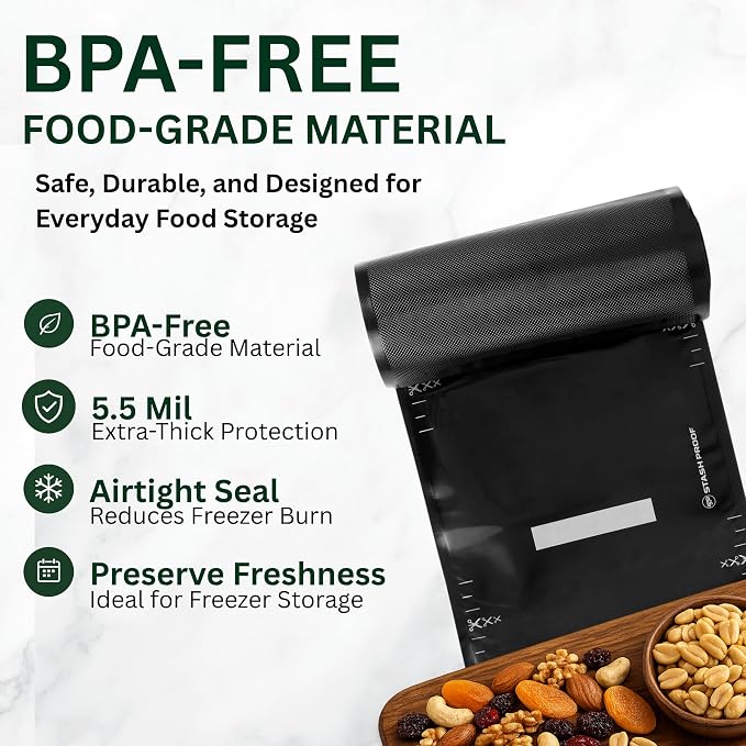 Vacuum Seal Rolls 11" x 50' 2 Pack (100 Feet Total) 5.5 Mil (Black and Black) - BPA Free Commerical Grade Food Saver for Storage, Sous Vide, and Meal Prep Sealer Bag