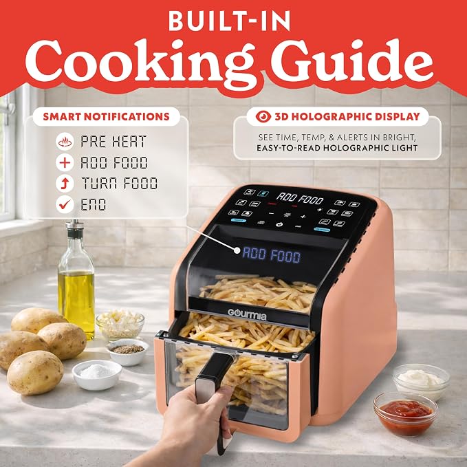 Gourmia Air Fryer 7 QT - Easy View Panorama Window & Interior Light, Guided Cooking with 12 One-Touch Presets, FryForce 360, Dishwasher Safe Accessories, Peach