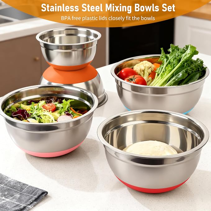 Mixing Bowls with Airtight Lids, 18pcs Stainless Steel Mixing Bowls Set | Nesting Non-slip Silicone Bowls Bottom, Size 4.5, 3.6, 2.7, 2.1, 1.7, 1.1, 0.7 qt, Fit for Mixing & Serving(Colorful )