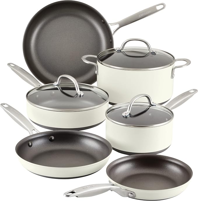 Anolon Achieve Hard Anodized Nonstick Cookware Pots and Pans Set, 9 Piece - Cream