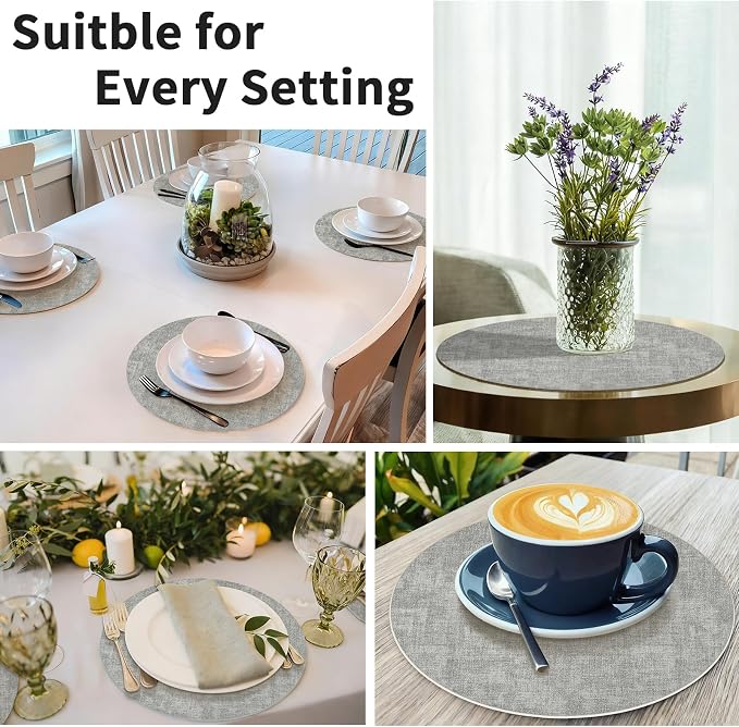 Maxpearl Faux Leather Round Placemats Set of 6, 13.8 inch, Grey | Waterproof, Heat Resistant, Non Slip, Wipe Clean Dining Table Place Mats, Suitable for Indoor & Outdoor Use, Table Settings