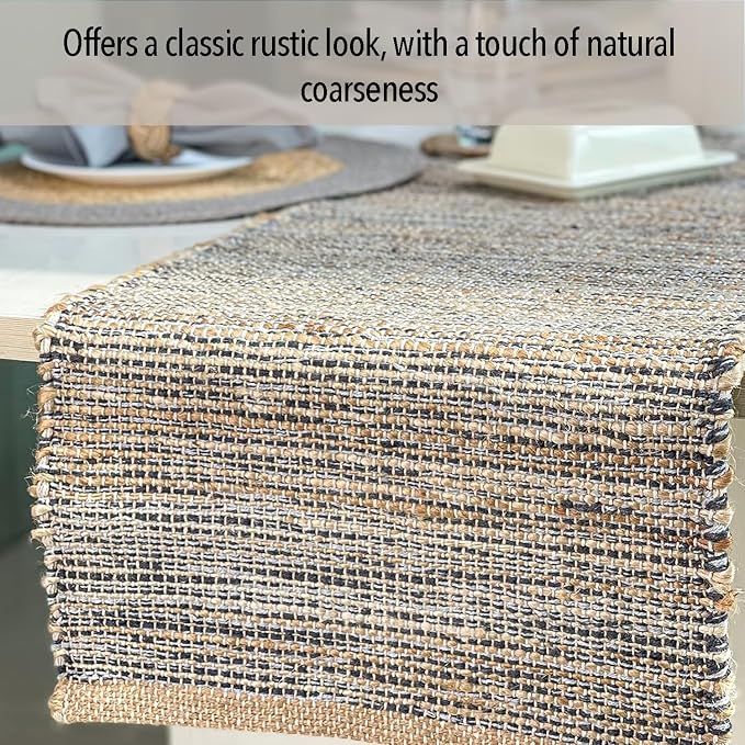 Natural Jute Table Runner 13x90 Inch – Vintage Boho Rustic Table Decor – Handwoven Table Runner in Natural Jute and Grey – Farmhouse Dining or Console Table Accent