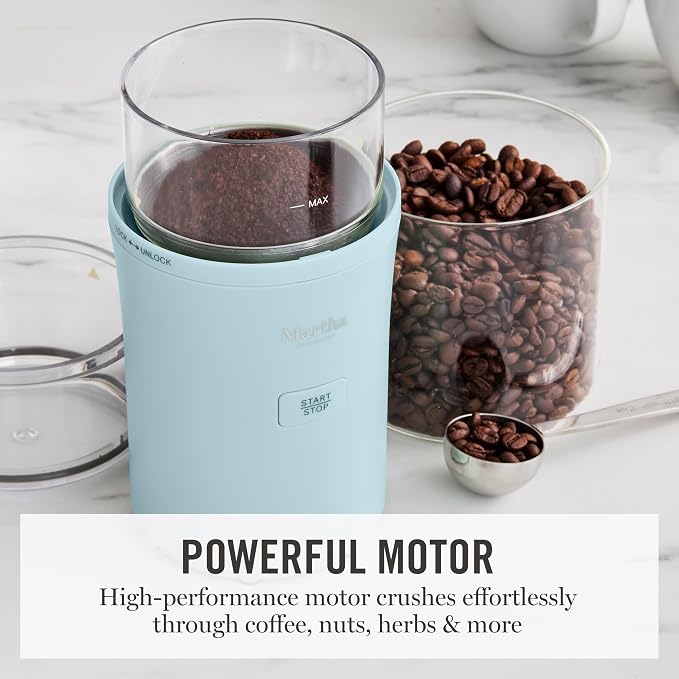 Martha Stewart Electric Coffee & Spice Grinder with Dual Bowls, Sky Blue | Dual 2.5oz Removable Bowls for Coffee Beans, Nuts, Herbs & Spices, Stainless Steel Blade, One-Touch Pulse Control, Easy Clean