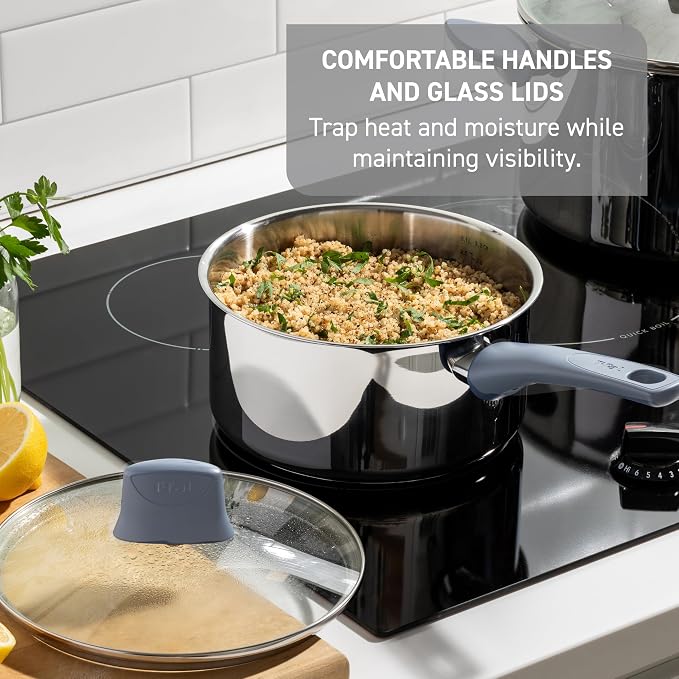 T-fal Essentials Stainless Steel Sauce Pan with Lid 3.2 Quart, All Cooktops Including Induction, Oven Safe 350F, Multipurpose Saucepan, Chef's Classic Pot,Measuring Marks, Dishwasher Safe Silver/Blue