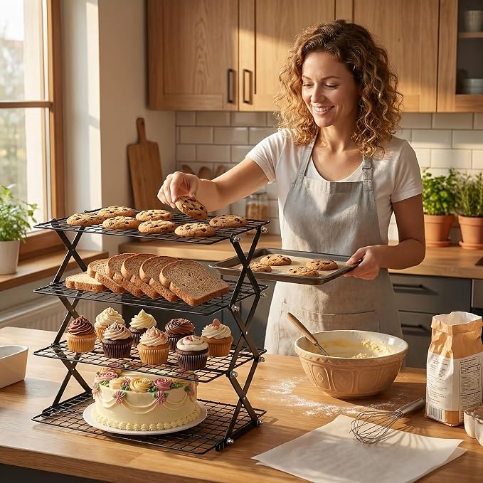 4-Tier Collapsible Cooling Rack for Baking, 3-Setting Adjustable Stackable Cookie Rack, Durable Nonstick Space-Saving Stand for Cooking, Roasting, Drying, Grilling, Cottage Bakery | Collapsible & Stackable