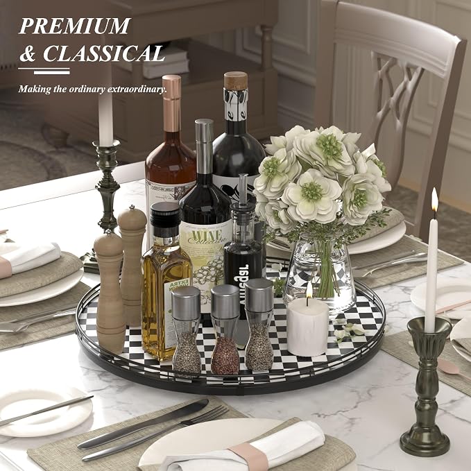 AMH18-Inch Black and White Checkerboard Lazy Susan Decorative Tray | Smooth rotating oak tray with walnut finish for dining tables, kitchen counters, pantries and cabinet storage.