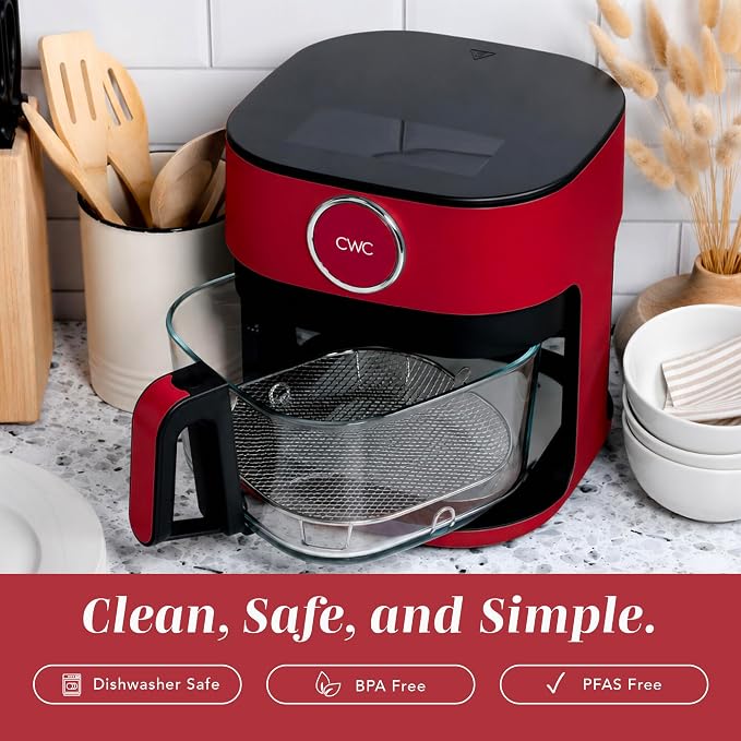 COOK WITH COLOR 1400W 5.5Qt Digital Kitchen Air Fryer with Glass Basket, 8 Presets Healthy Cooking Options, Bake, Fry, Reheat, 60-Min Timer, Adjustable Temperature Control 175°F–400°F, Red