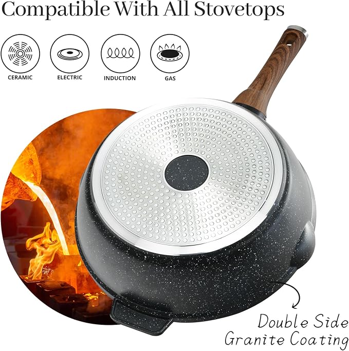 12 Inch Nonstick Deep Frying Pan Skillet with Lid and Spatula, 6 Qt Jumbo Saute Pan with Pour Spout, Non Stick Granite Stir-Fry Chef Wok with Scrub Sponge, Induction Stovetops Compatible