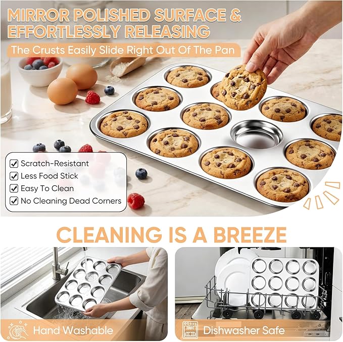 TeamFar Muffin Top Pan, 12 Cavity Stainless Steel Shallow Cupcake Pan | Muffin Tin for Baking Yorkshire Pudding, Whoopie Pie, Egg Bite, Hamburger Bun, Non Toxic & Dishwasher Safe