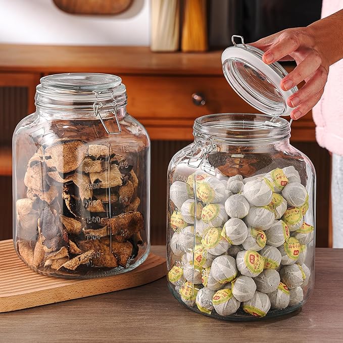 1.1 Gallon Large Glass Food Storage Jars with Airtight Lids,Set of 2 Square Wide Mouth Airtight Glass Storage Container,135oz Kitchen Mason Jar with Measurement Mark,for Flour Sugar Canning.