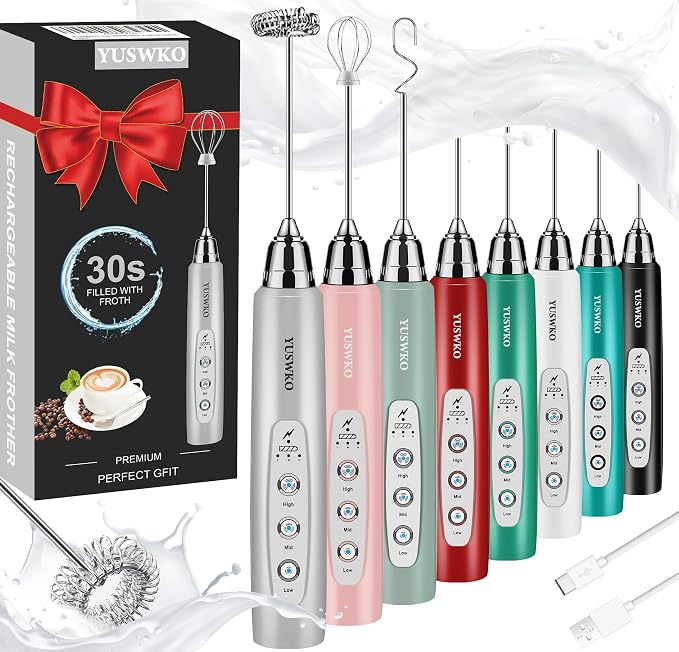 YUSWKO Handheld Milk Frother Wand for Coffee, Rechargeable Electric Whisk with 3 Heads 3 Speeds Drink Mixer Coffee Frother For Latte, Cappuccino, Hot Chocolate, Egg, Silver