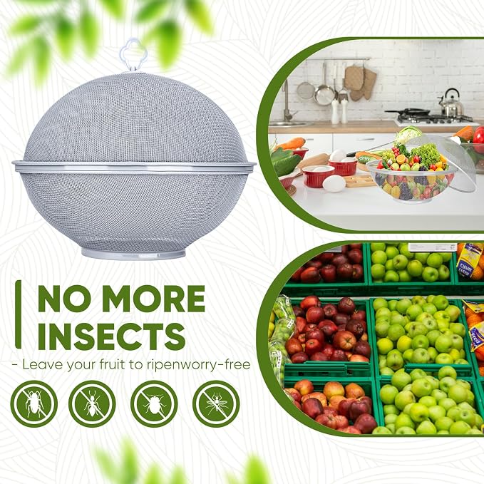 Fruit Fly Proof Fruit Storage Basket, Metal Mesh Fruit Bowl w Lid Black2PCS | Decorative Fruit Bowls Kitchen Counter Storage for Fruits & Veggies