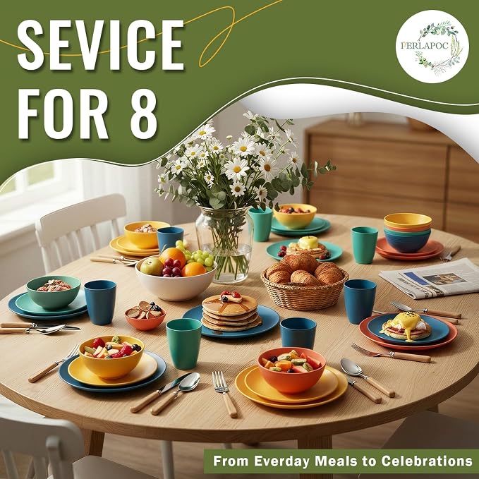 Wheat Straw Dinnerware Set 40 PCS - Service for 8 | Plates and Bowls Sets | Unbreakable Dishes Set - Dinner Plates, Dessert Plate, Cereal Bowls, Drinking Glasses, Dishwasher Safe - Multi