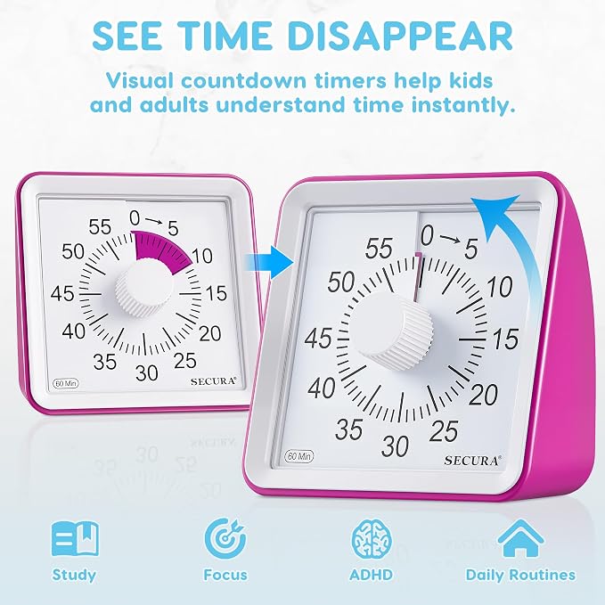 Secura Visual Timer for Kids, 60 Minute Classroom Countdown Timer for Study | Non-Ticking, Adjustable Alarm Volume/Duration, Low Power Reminder, Time Management Tool for ADHD (Violet & Violet)