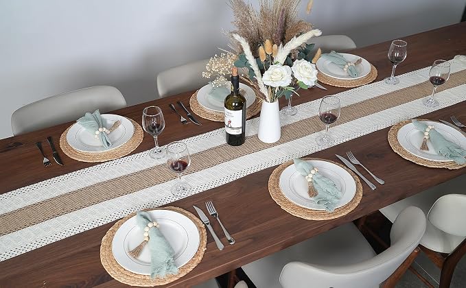 Placemats Set of 4,Natural Round Placemats with Table Runner & Napkin Rings | Made of Cotton Burlap and Corn Husk,Protective,Heat-Resistant,Non-Slip Boho Table Mats Fall Placemats for Dining Table Décor