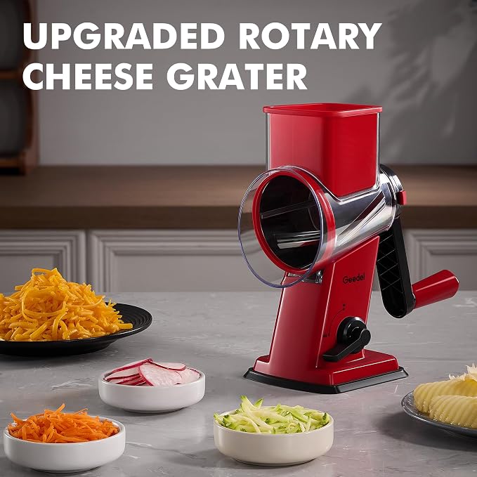 Geedel Upgraded Rotary Cheese Grater Hand Crank, Vegetable Shredder Slicer | 4 Blades, Stronger Suction Base, Wider Chute, 18x Faster Cutting, No BPA, Stainless Steel, for Cheese, Veggies, Nut