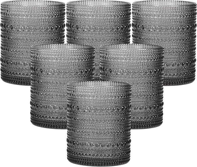 Moretoes 10oz Gray Hobnail Drinking Glasses Set of 6 Cocktail Glasses | Vintage Old Fashion Glassware, Textured Glass Cups Bubble Glasses Water Glasses Jupiter Glasses Set