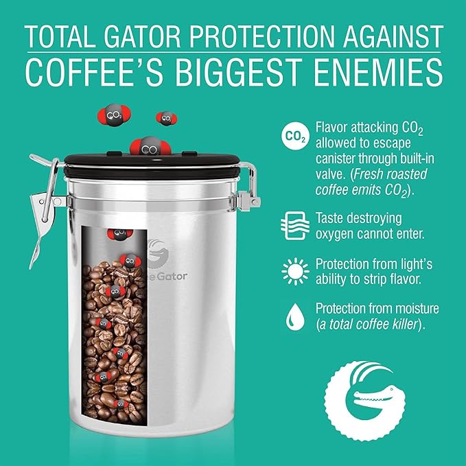 Coffee Gator Coffee Canister, 22oz Airtight Stainless Steel Container | w/ Date Tracker, Scoop, Kitchen Food Storage Jars for Beans , Ground, Rice, Tea, Sugar, Cookie Jars, Bar Accessories, Orange