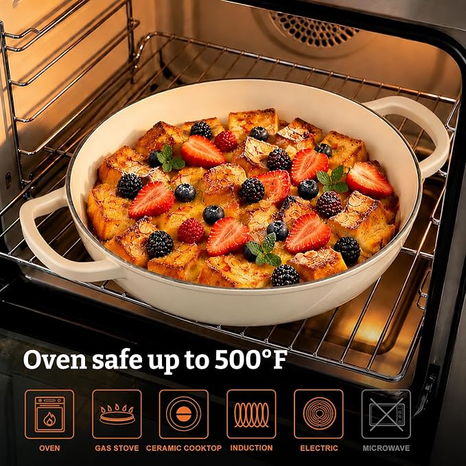 Cast Iron Dutch Oven–3 Layers Enameled Shallow Braiser & Casserole Pot with Lid, Even-Heating, Stovetop & Oven Safe to 500°F, 3.8 Quart for Family & Parties Meals(White)