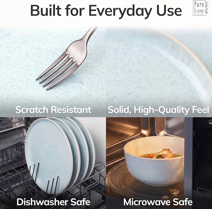24 Piece Stoneware Dinnerware Set for 8 - Handmade Reactive Glaze Plates and Bowls Set - Chip & Scratch Resistant Dish Set - Dishwasher Microwave Safe - Light Beige & Blue