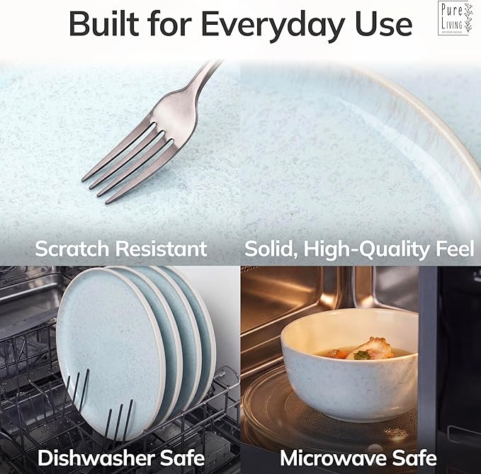 12 Piece Stoneware Dinnerware Set for 4 - Handmade Reactive Glaze Plates and Bowls Set - Chip & Scratch Resistant Dish Set - Dishwasher Microwave Safe - Light Beige & Blue | Reactive Glaze Coating, Dishwasher & Microwave Safe Dish Set, Chip & Scratch R...