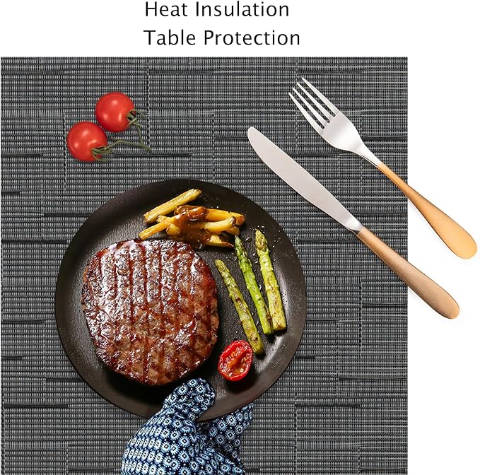 Myir JUN Placemats Set of 8 Kitchen and Dining Table Placemats | Vinyl Placemats Place Mats Indoor/Outdoor Set of 8 Washable Table Mats Non-Slip Place mats for Dining Table, Black-gray