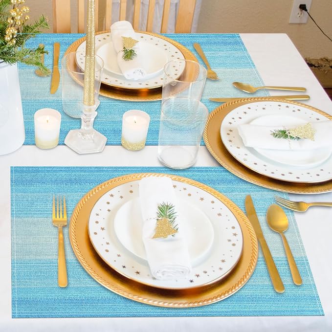 Placemats, Placemats Set of 6 Washable Place Mats, Blue 12" x 18" | Easy to Clean, Heat Resistant Table Mats, Wipeable Linen Placemat for Holiday Party Kitchen Dining Table Decoration