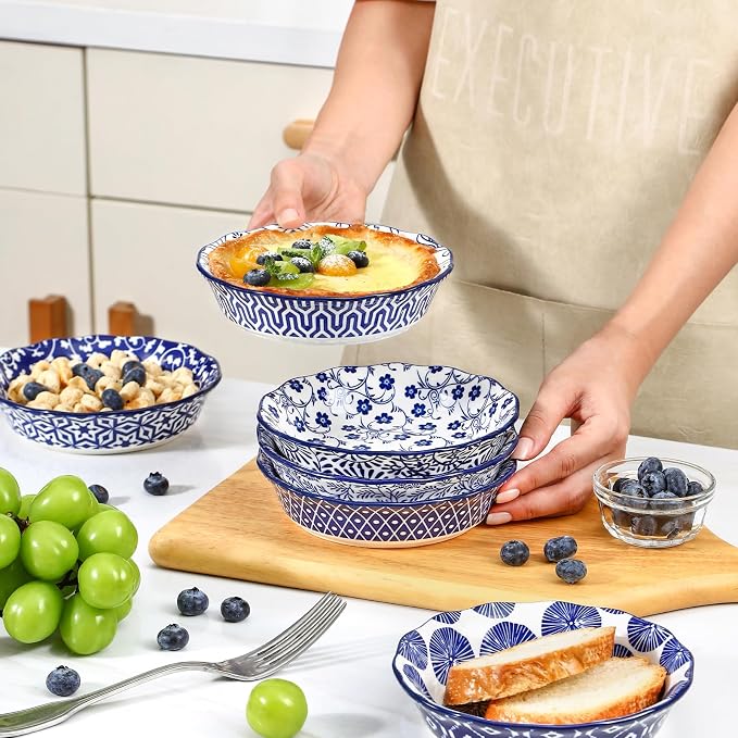 Selamica Ceramic Mini Pie Pans, 6 Inch Pie Dish for Baking, Small Pie Plate with Fluted Edge for Dessert Apple Pie, Oven Safe, Set of 6, Vintage Blue