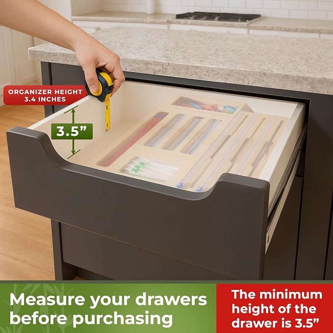Kitchen Drawer Organizer, 9" 1 Sandwich Storage Bag Organizer & Foil Wrap | Bamboo Storage, Fits Gallon, Quart & Snack Sizes – Wall Mountable, Please Measure Before Ordering