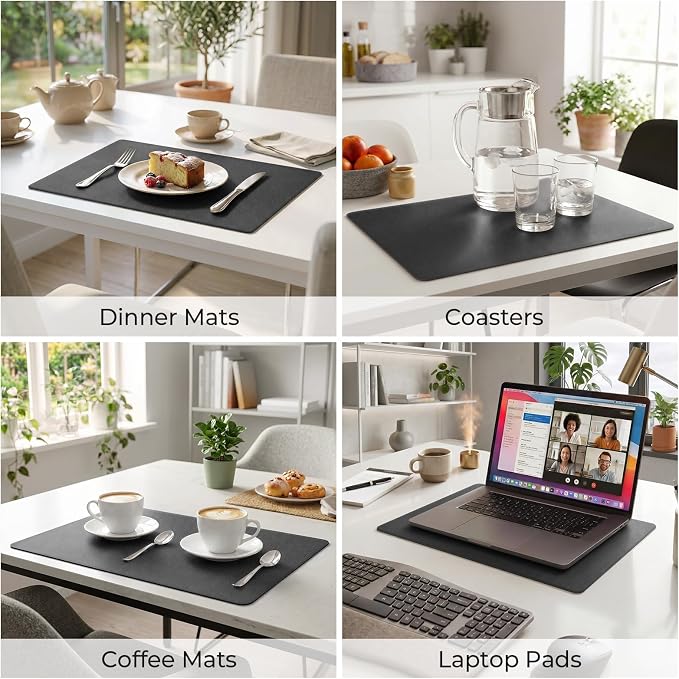 Romanstile Vinyl Placemats Set of 6, Reversible Faux Leather Heat Resistant Wipeable Table Mats, Waterproof Washable Non-Slip Table Placemats for Dining/Kitchen/Party/Outdoor (Black, 12" x 17")