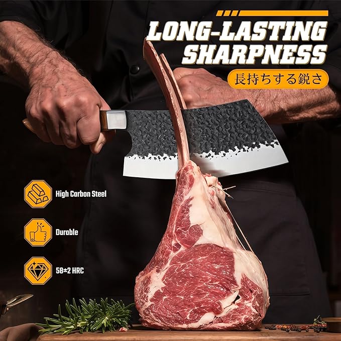 Huusk 7 PCS Butcher Knife Set for Meat Cutting with Roll Bag, Gifts for Men | Japanese Chef Knife Set with Sharpening Rod and Poultry Shears, Hand Forged Cooking Knives for BBQ Camping Kitchen