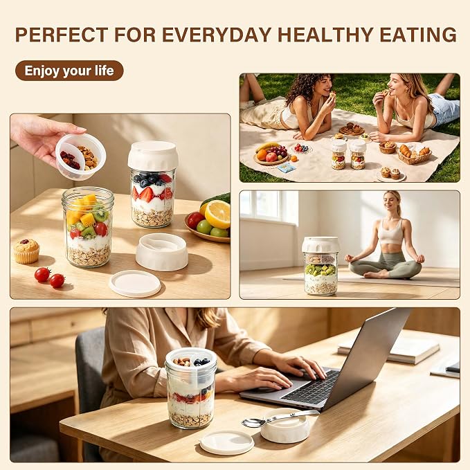 2 Pack Overnight Oats Containers with Lids & Foldable Spoon, 16oz Glass Oatmeal Jars with Divided Compartment, Portable Meal Prep Yogurt Parfait Cups for Breakfast