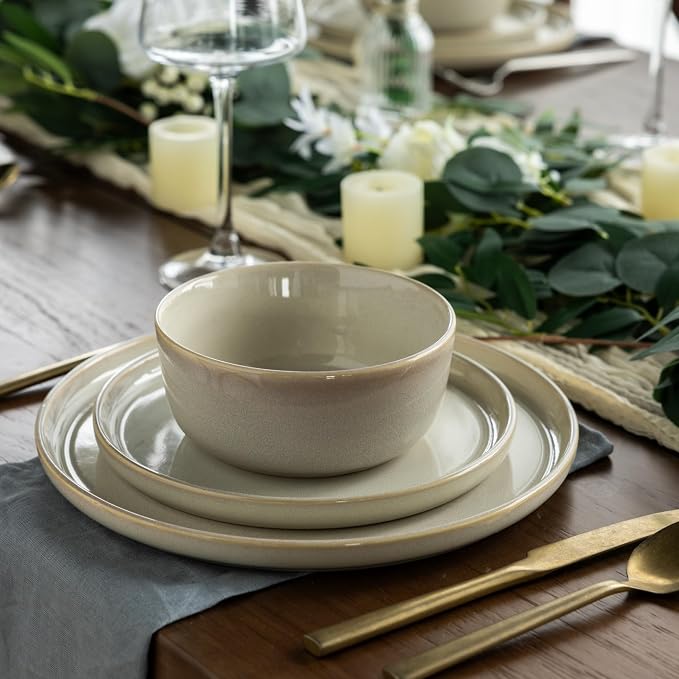AmorArc Stoneware Dinnerware Sets for 4, 12Pcs Plates and Bowls Sets Dishes | Ceramic Round Reactive Glaze Dishes Set, Highly Scratch Resistant | Dishwasher & Microwave Safe Dishware